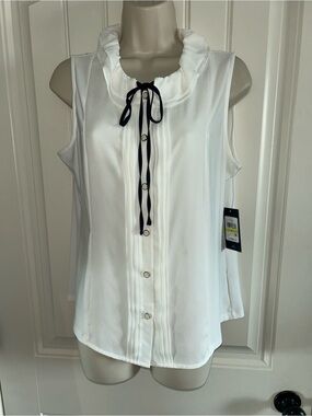 NWT Tommy Hilfiger  Ruffled Collar Sleeveless Blouse with Tie White & Navy Sz M